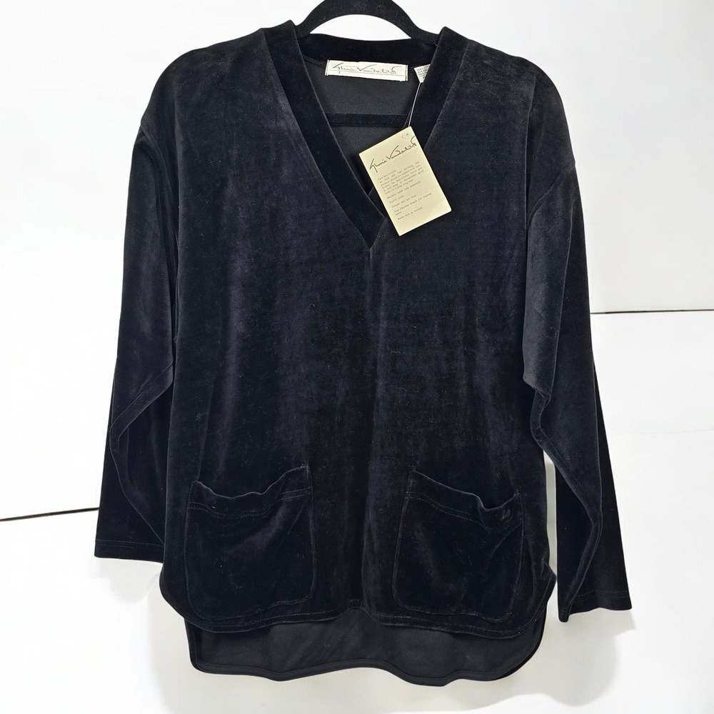 Vintage Gloria Vanderbilt Velour Top Woman Large Black V Neck Long Sleeve NWT